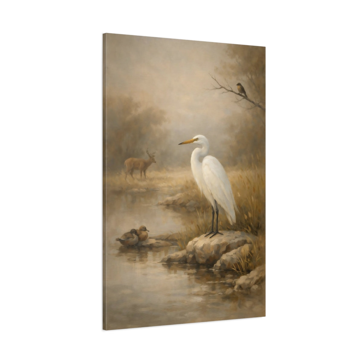 Main Mockup. Nature White Egret Misty Wildlife Scene shown as stretched canvas wall art