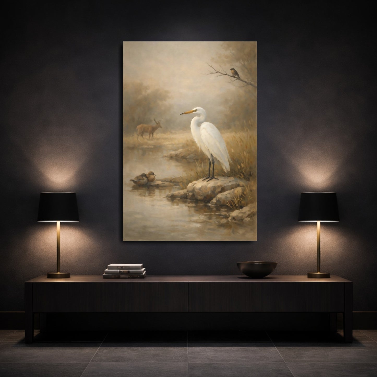 Mockup 2. Nature White Egret Misty Wildlife Scene shown as stretched canvas wall art