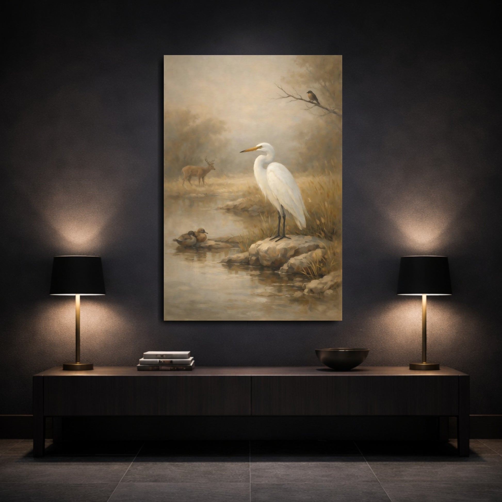 Mockup 2. Nature White Egret Misty Wildlife Scene shown as stretched canvas wall art