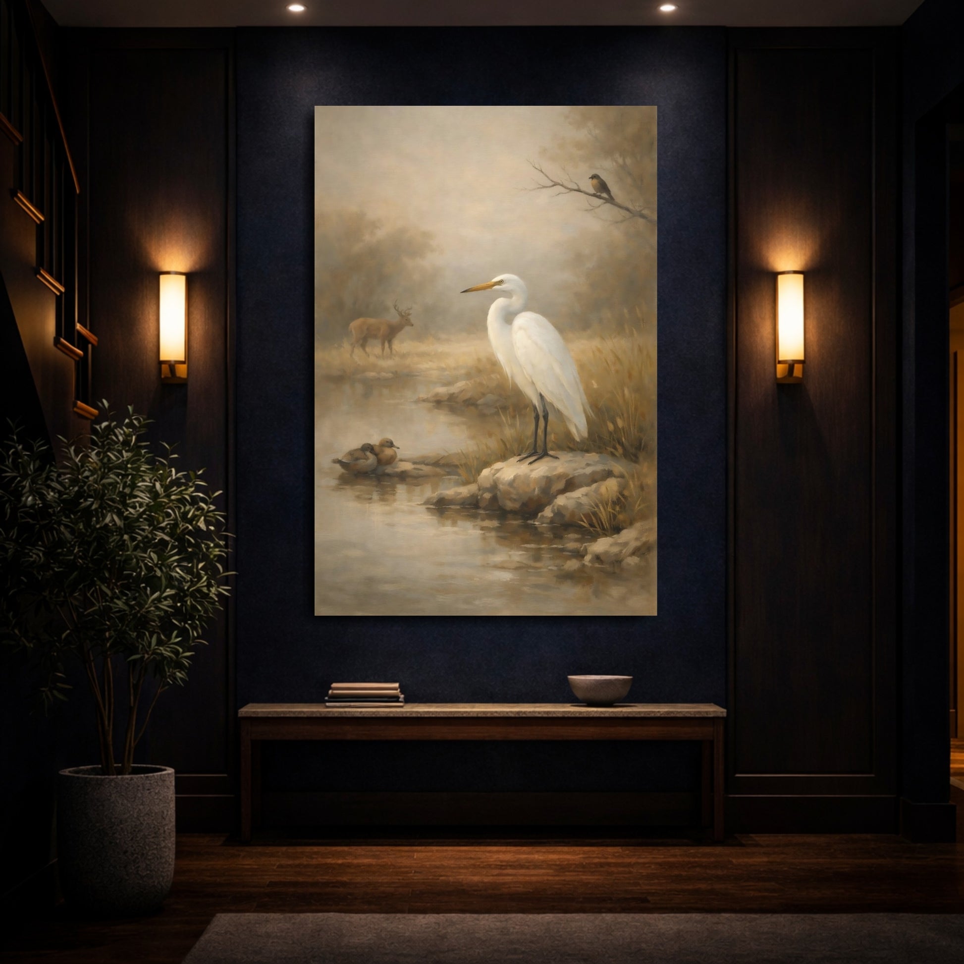 Mockup 3. Nature White Egret Misty Wildlife Scene shown as stretched canvas wall art
