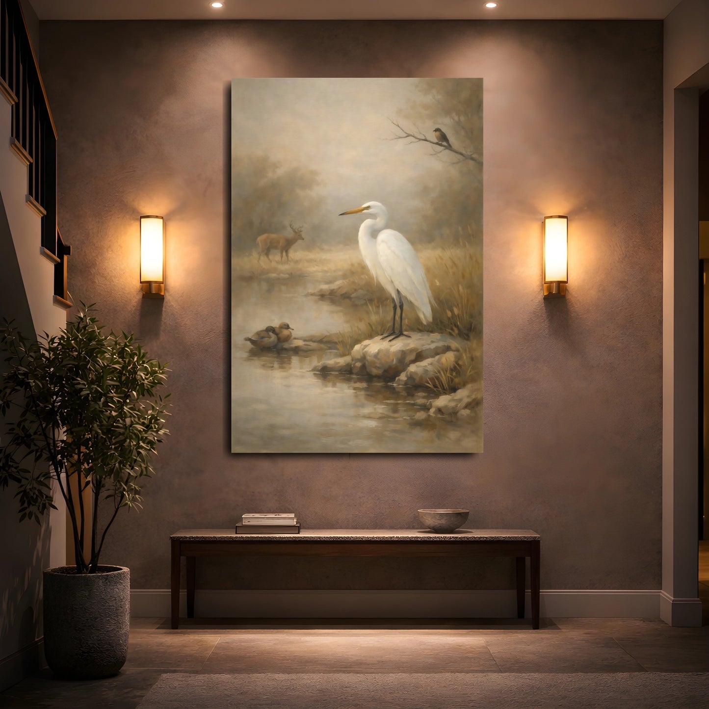 Mockup 4. Nature White Egret Misty Wildlife Scene shown as stretched canvas wall art