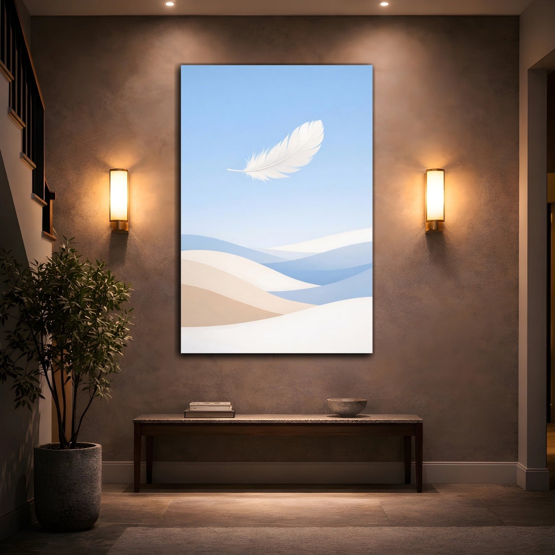 Nature White Feather Blue And Beige - Canvas Wall Art Print - YesArtYes