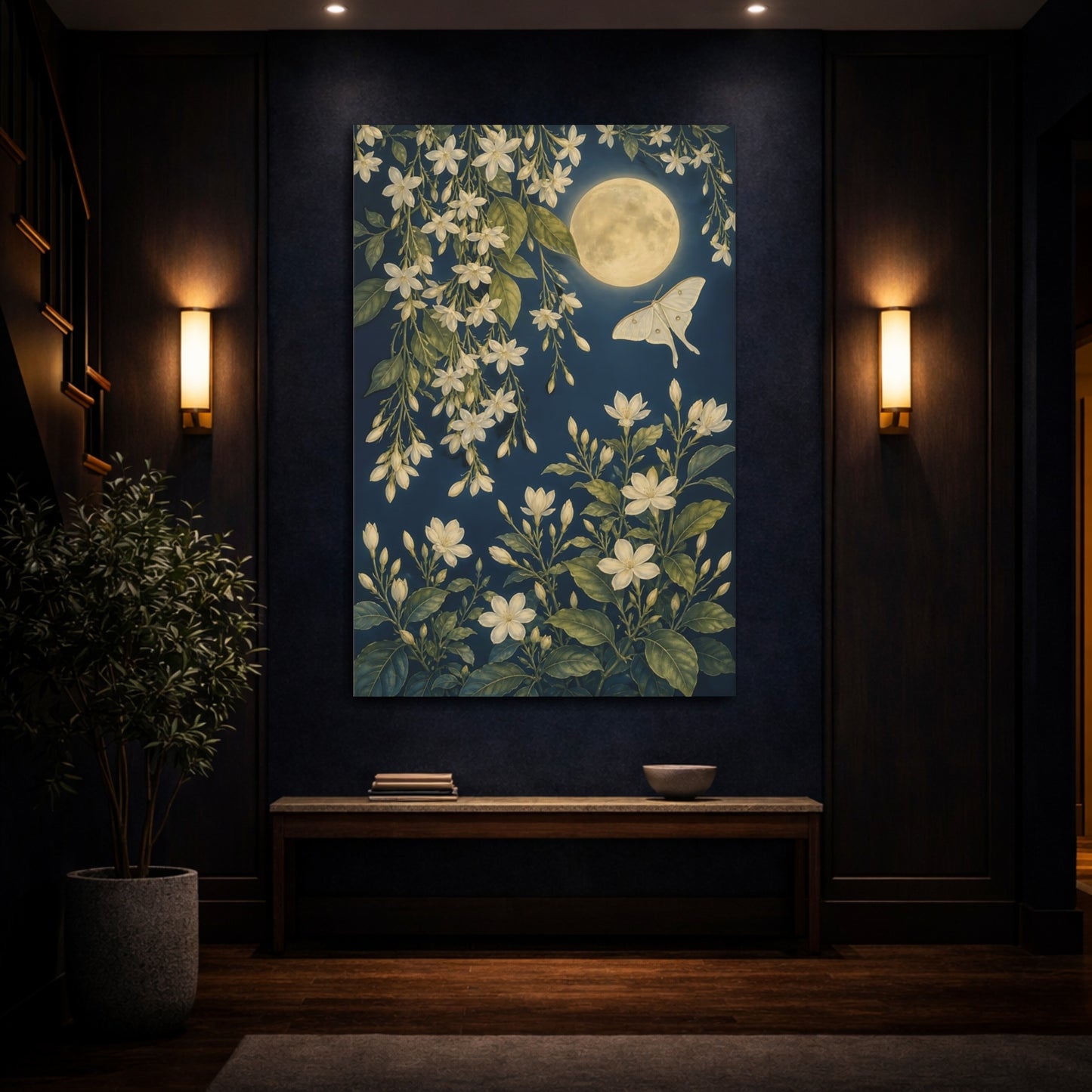 Mockup 4. Nature White Flowers Blue And White Floral shown as canvas print