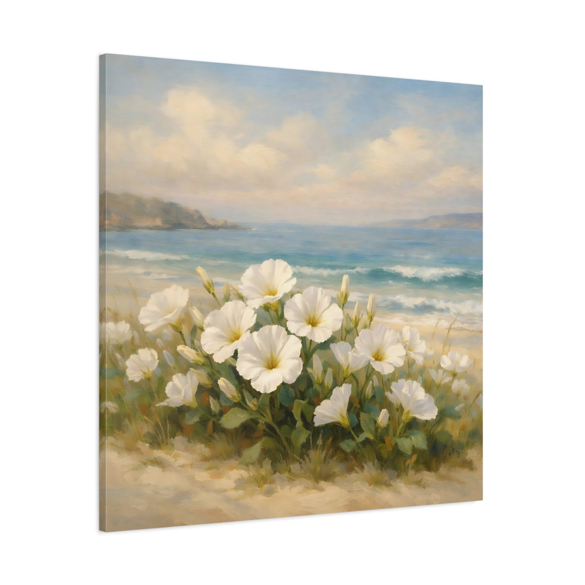 Main Mockup. Nature White Flowers Coastal Floral shown as stretched canvas wall art