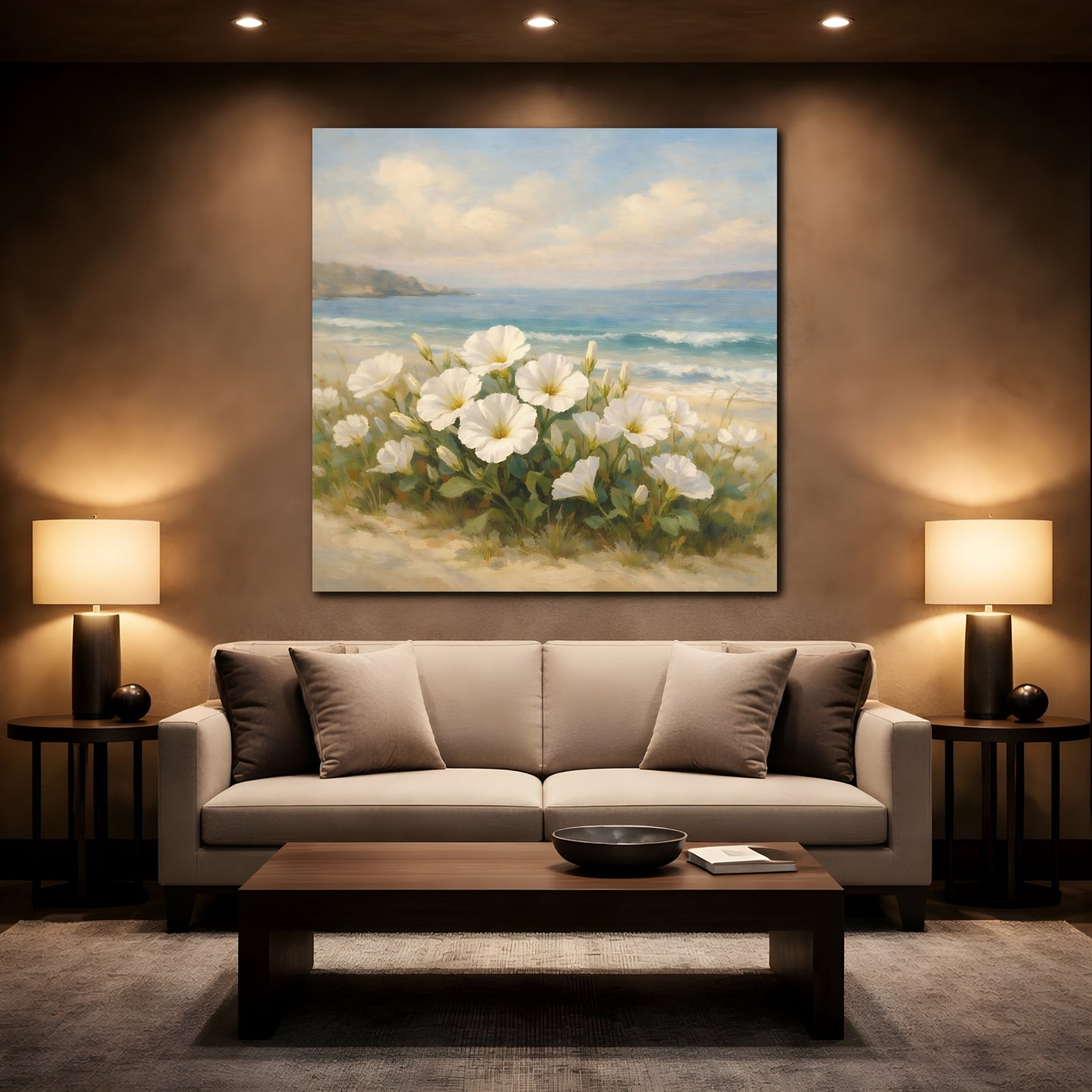 Mockup 2. Nature White Flowers Coastal Floral shown as stretched canvas wall art
