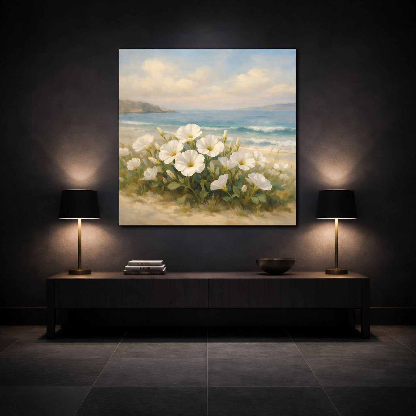 Mockup 3. Nature White Flowers Coastal Floral shown as stretched canvas wall art