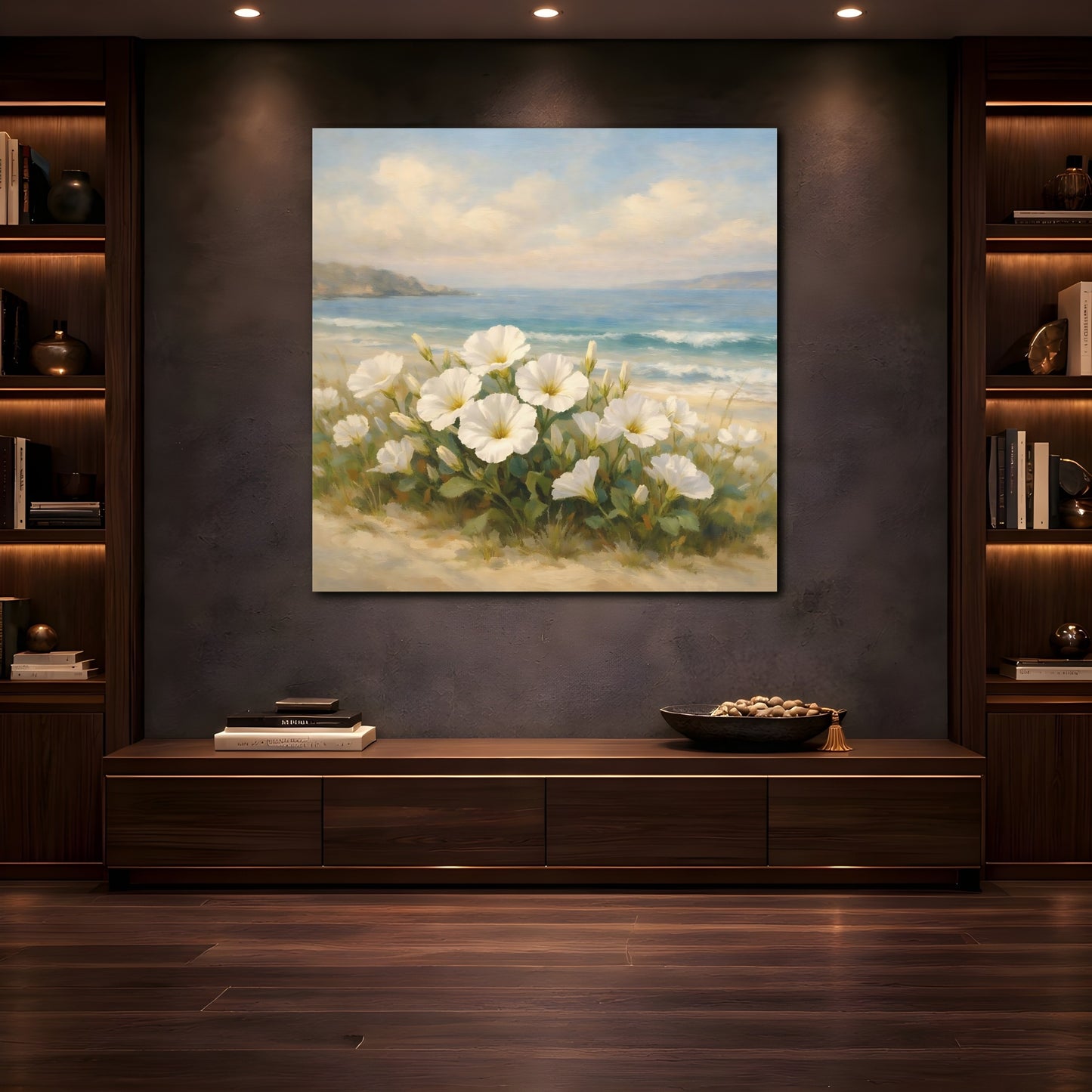 Mockup 4. Nature White Flowers Coastal Floral shown as stretched canvas wall art