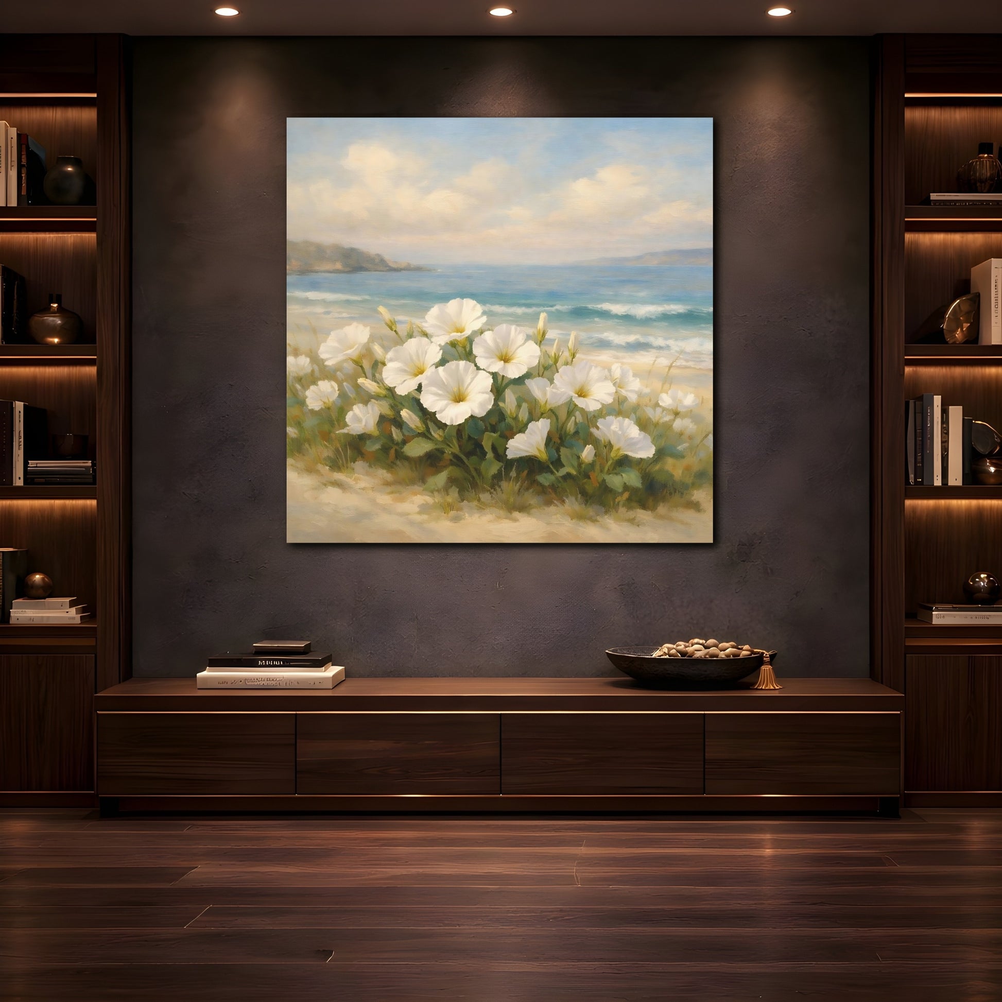 Mockup 4. Nature White Flowers Coastal Floral shown as stretched canvas wall art