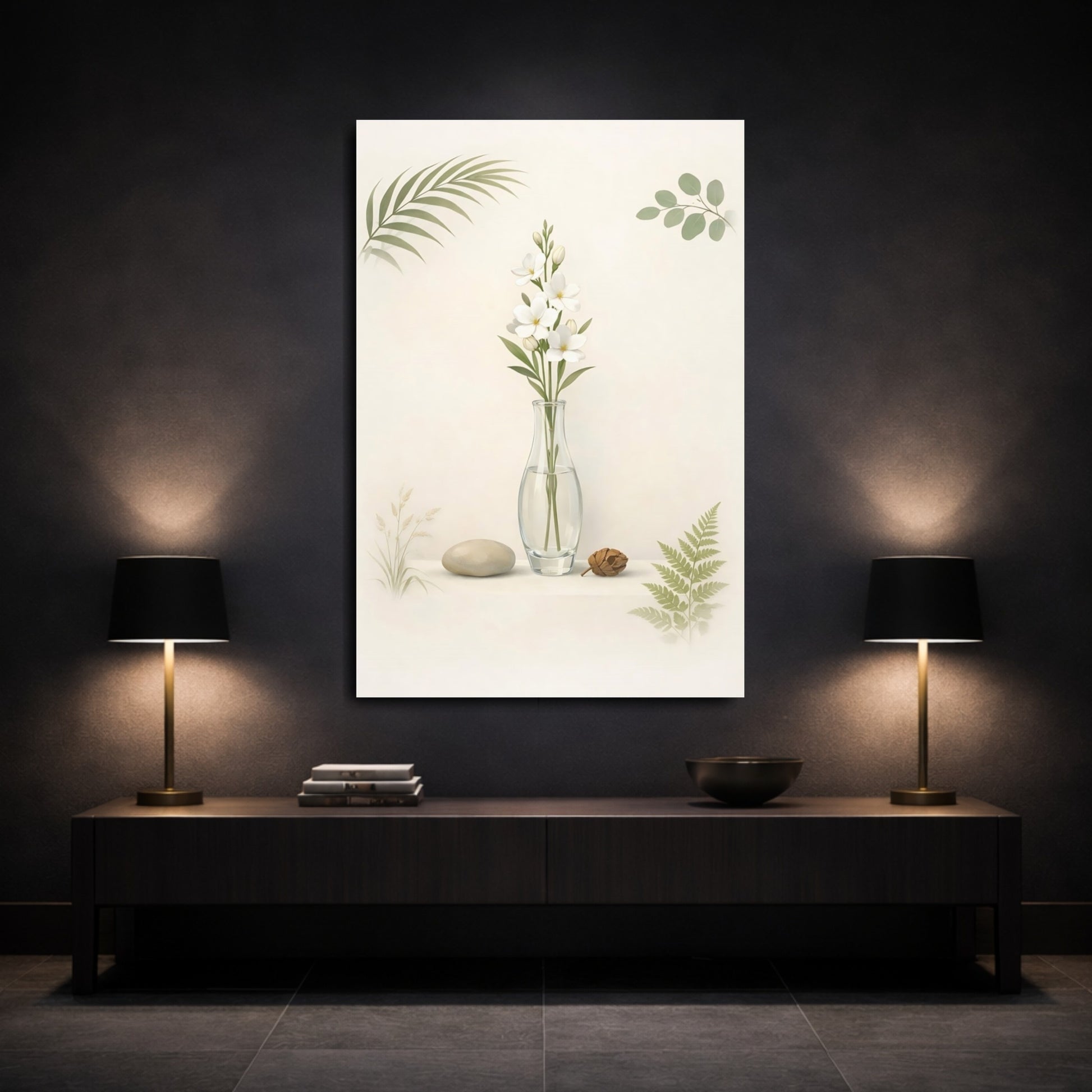 Nature White Flowers Cream And Green shown as front canvas room wall art