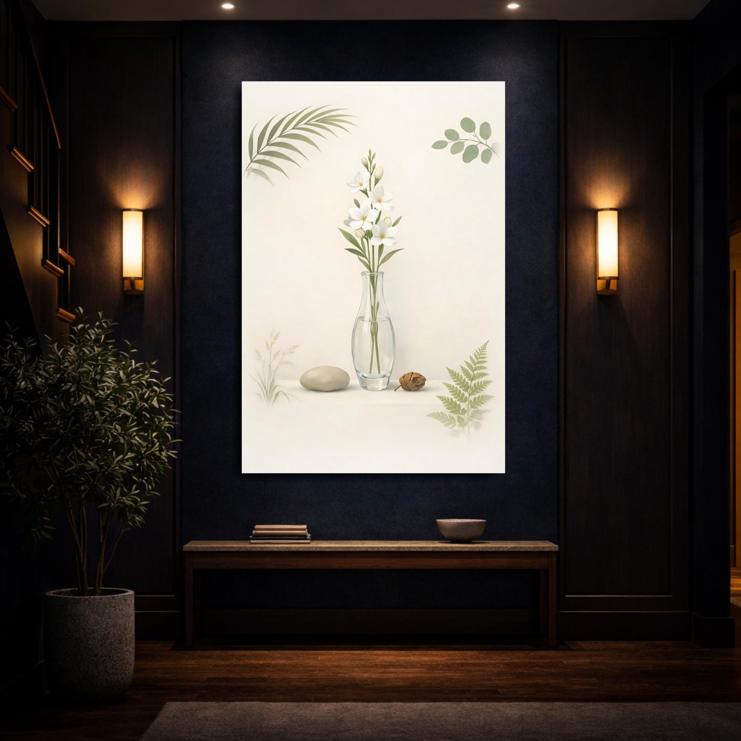 Nature White Flowers Cream And Green shown as front canvas room wall art