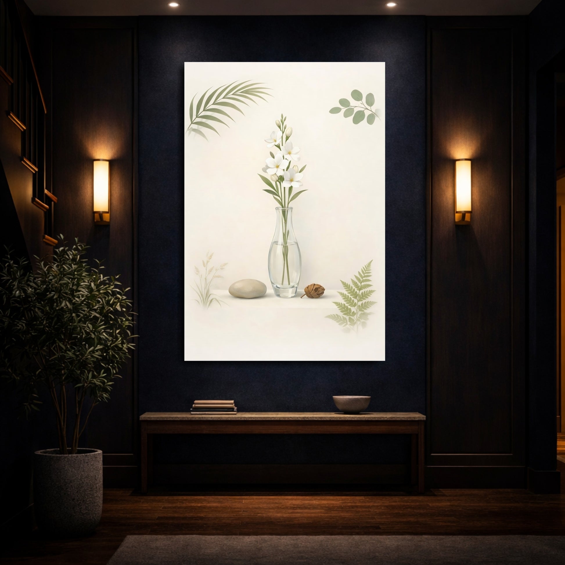 Nature White Flowers Cream And Green shown as front canvas room wall art