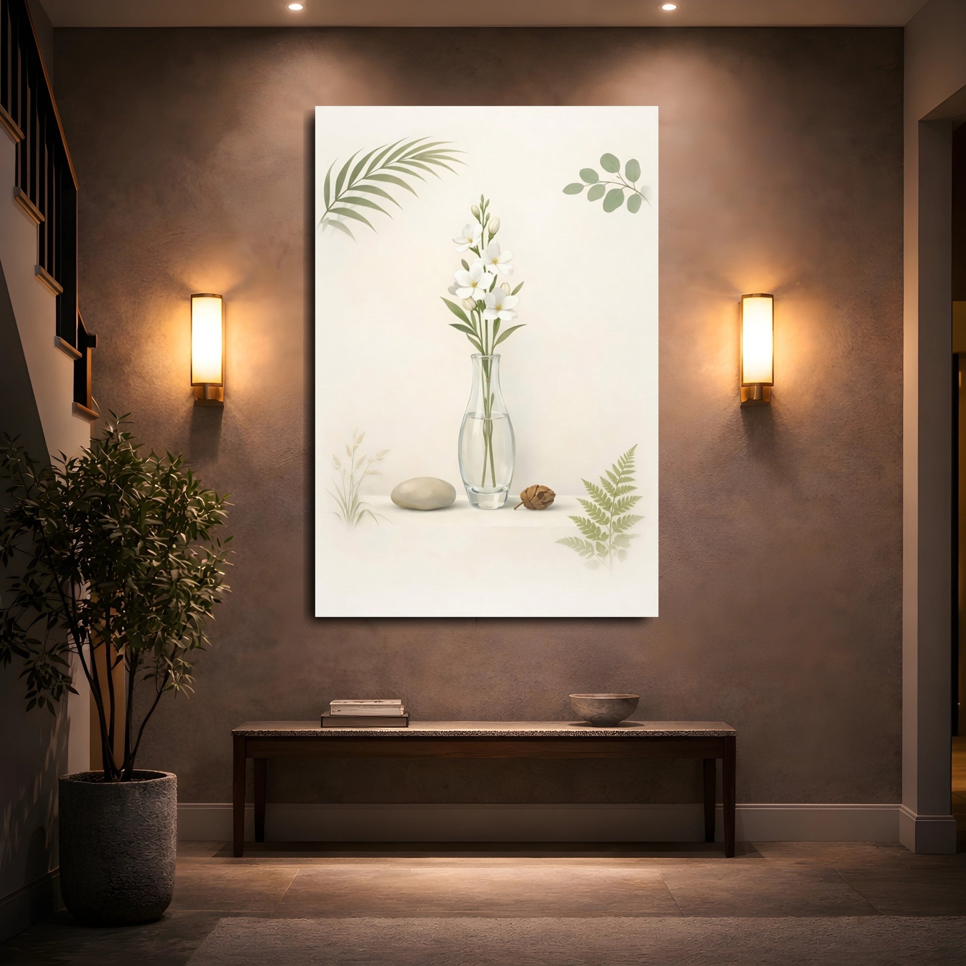 Nature White Flowers Cream And Green shown as front canvas room wall art