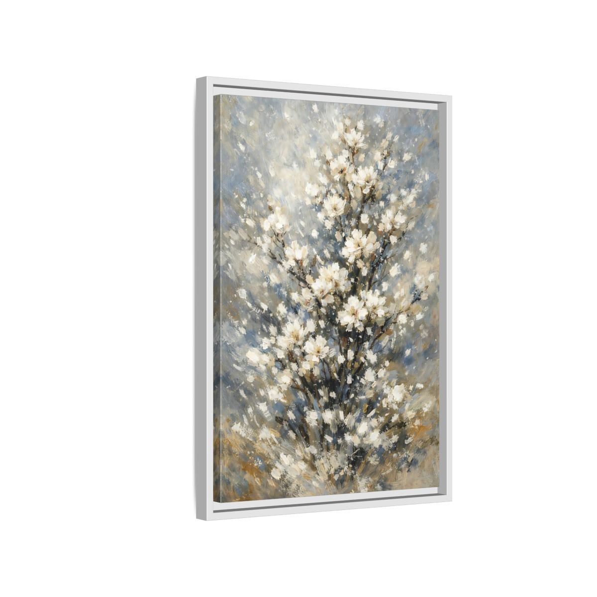 Side Mockup 1. Nature White Flowers White Floral Painting shown as stretched canvas wall art