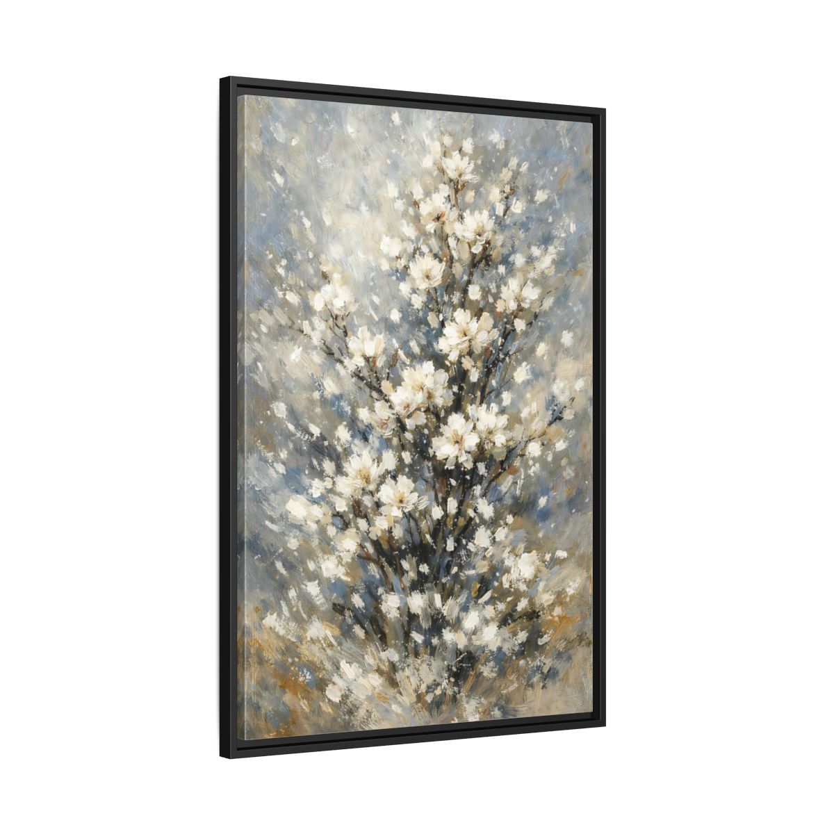Side Mockup 13. Nature White Flowers White Floral Painting shown as stretched canvas wall art