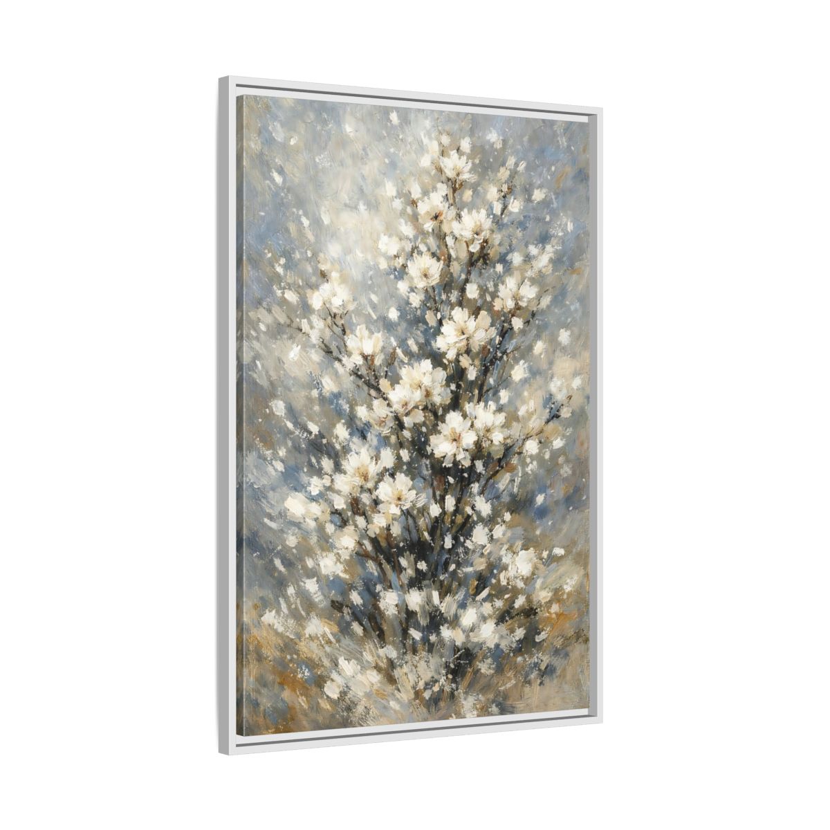 Side Mockup 9. Nature White Flowers White Floral Painting shown as stretched canvas wall art
