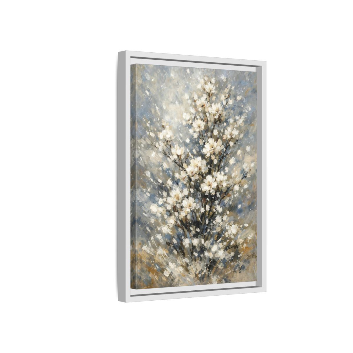 Side Mockup 4. Nature White Flowers White Floral Painting shown as stretched canvas wall art