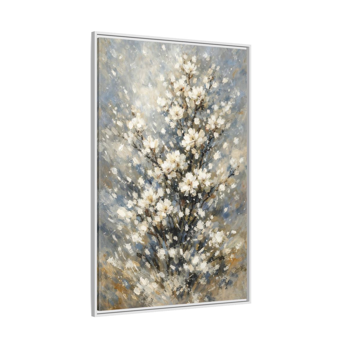 Side Mockup 7. Nature White Flowers White Floral Painting shown as stretched canvas wall art