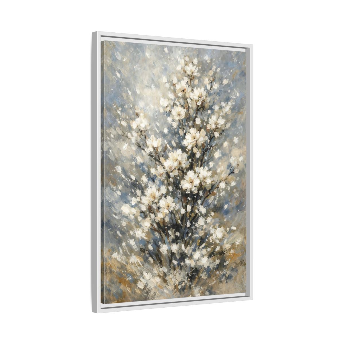 Side Mockup 11. Nature White Flowers White Floral Painting shown as stretched canvas wall art