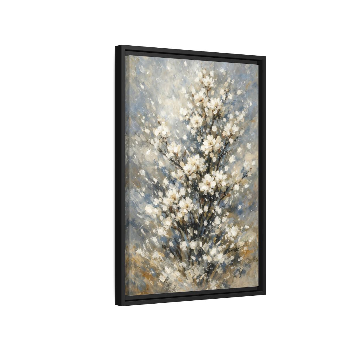 Side Mockup 3. Nature White Flowers White Floral Painting shown as stretched canvas wall art