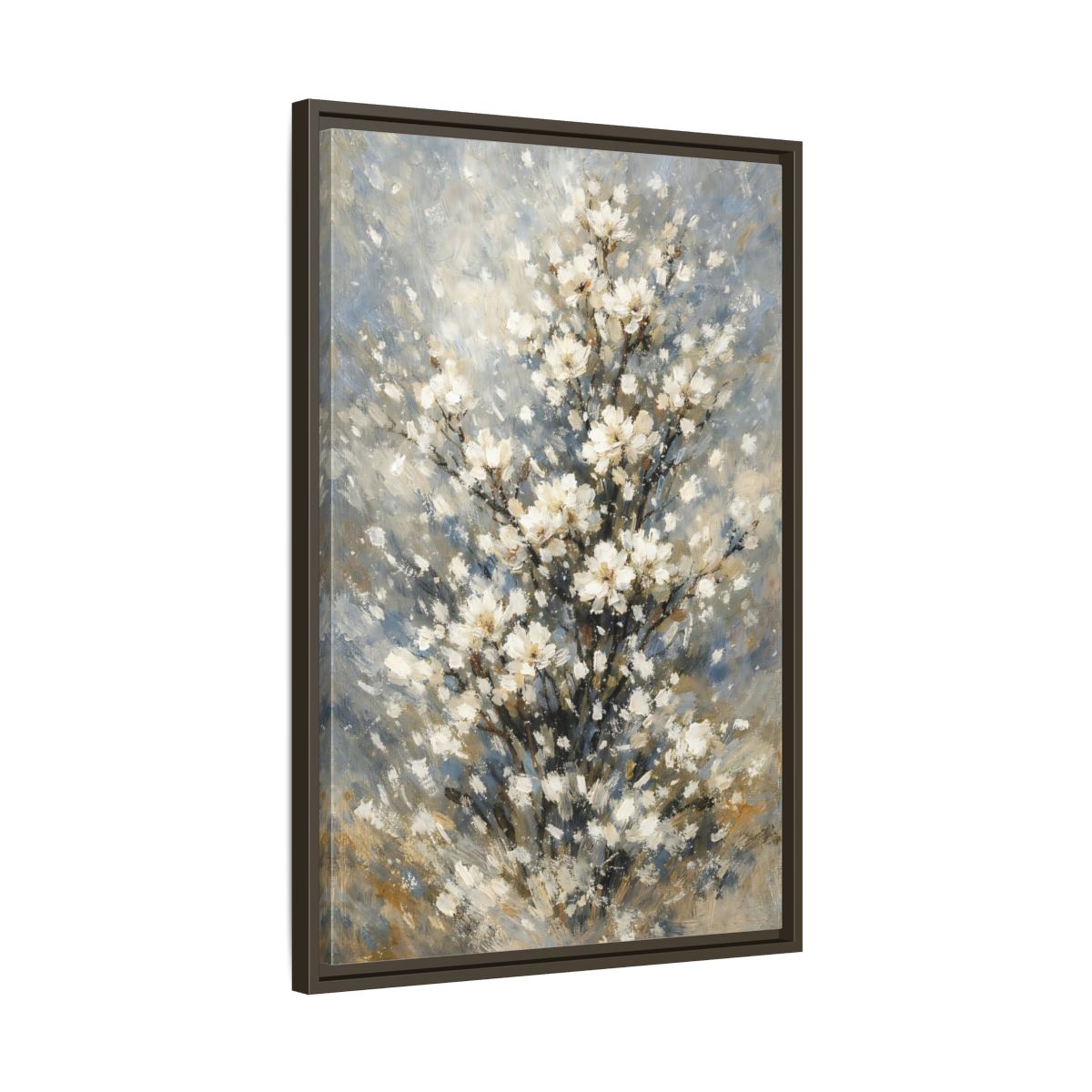 Side Mockup 12. Nature White Flowers White Floral Painting shown as stretched canvas wall art