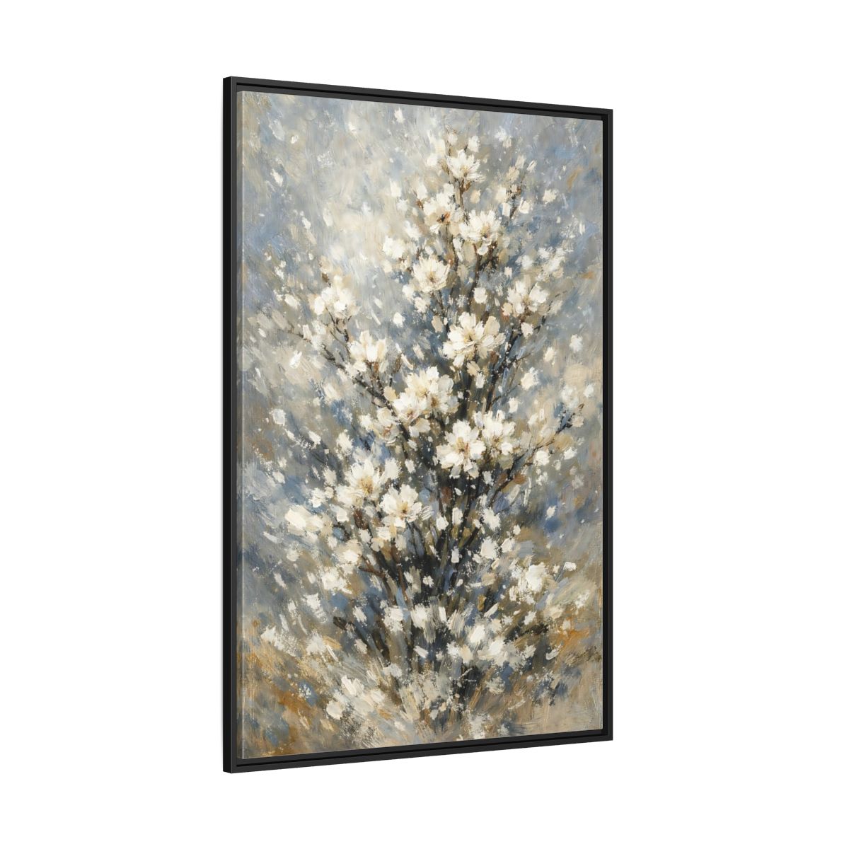Main Mockup. Nature White Flowers White Floral Painting shown as stretched canvas wall art