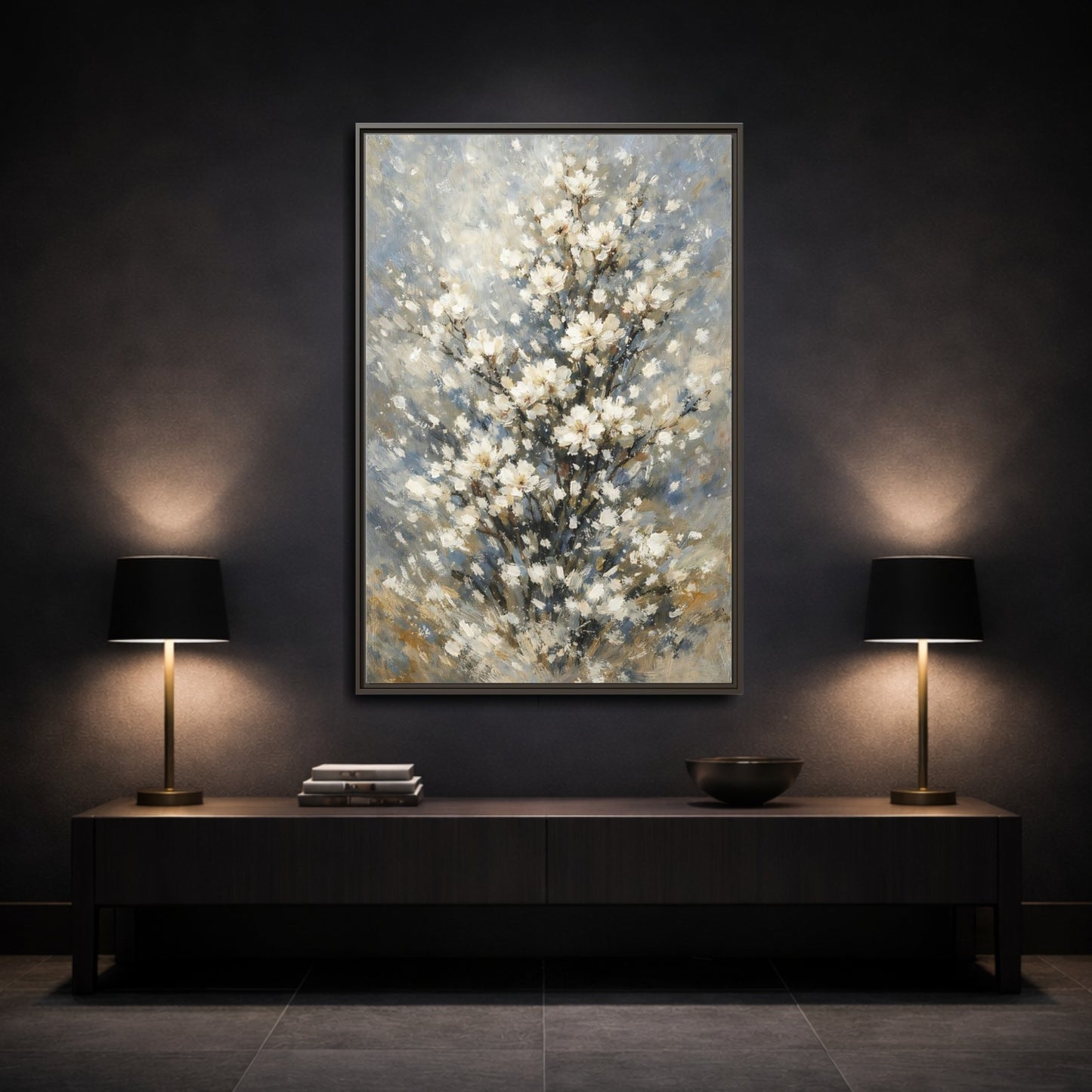 Mockup 2. Nature White Flowers White Floral Painting shown as stretched canvas wall art