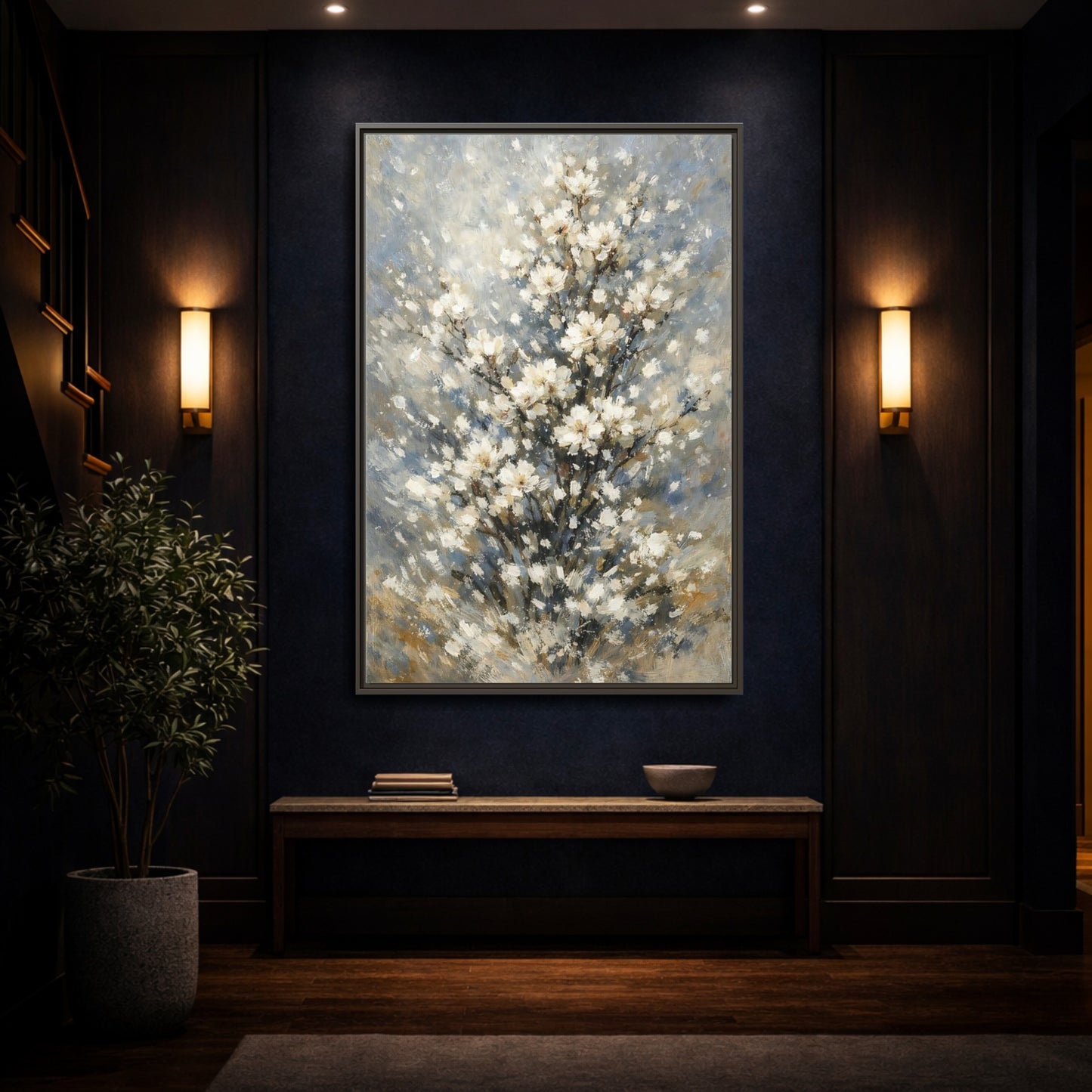 Mockup 3. Nature White Flowers White Floral Painting shown as stretched canvas wall art