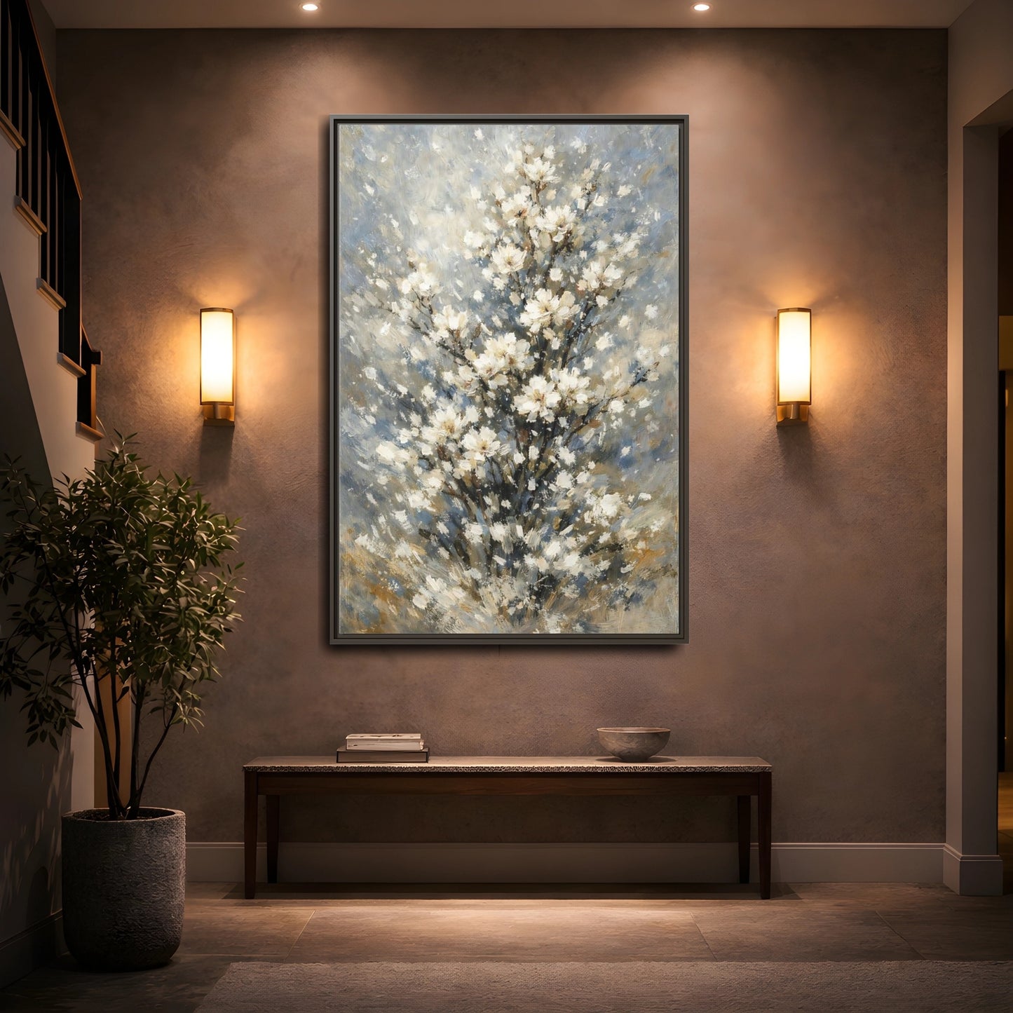 Mockup 4. Nature White Flowers White Floral Painting shown as stretched canvas wall art