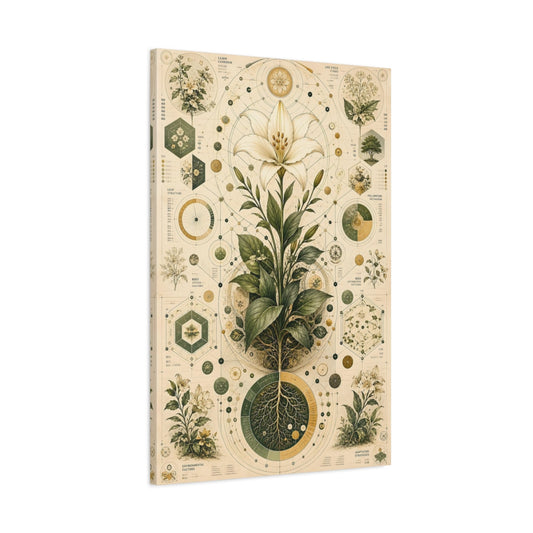Main Mockup. Nature White Lily Botanical Diagram shown as stretched canvas wall art