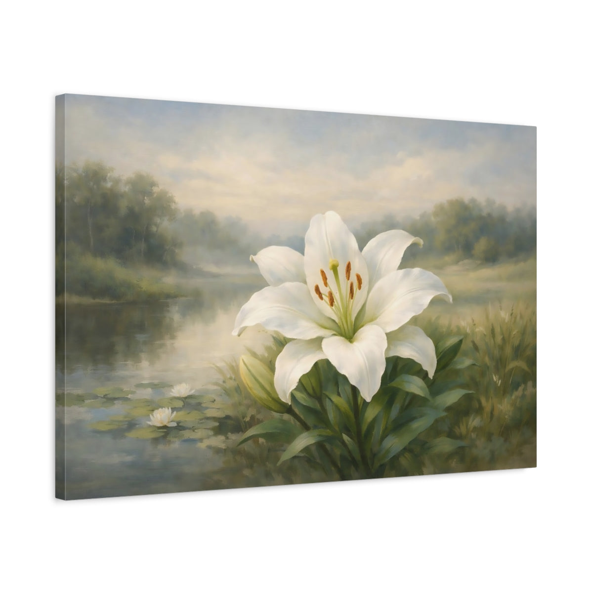Side Mockup 2. Nature White Lily White Lily shown as stretched canvas wall art