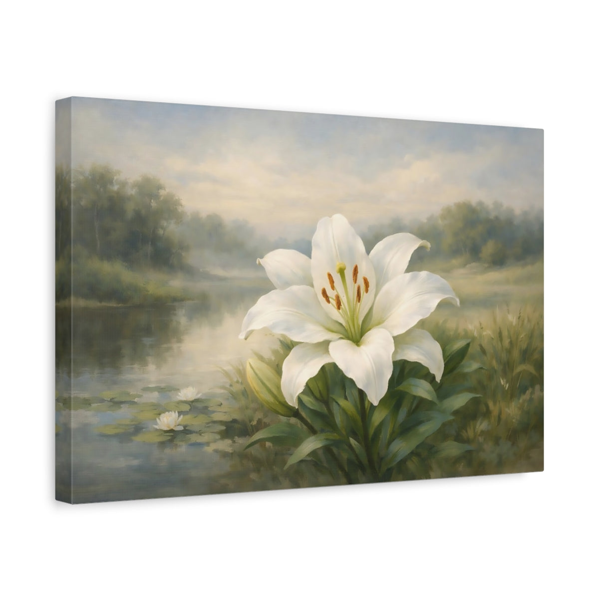 Side Mockup 4. Nature White Lily White Lily shown as stretched canvas wall art