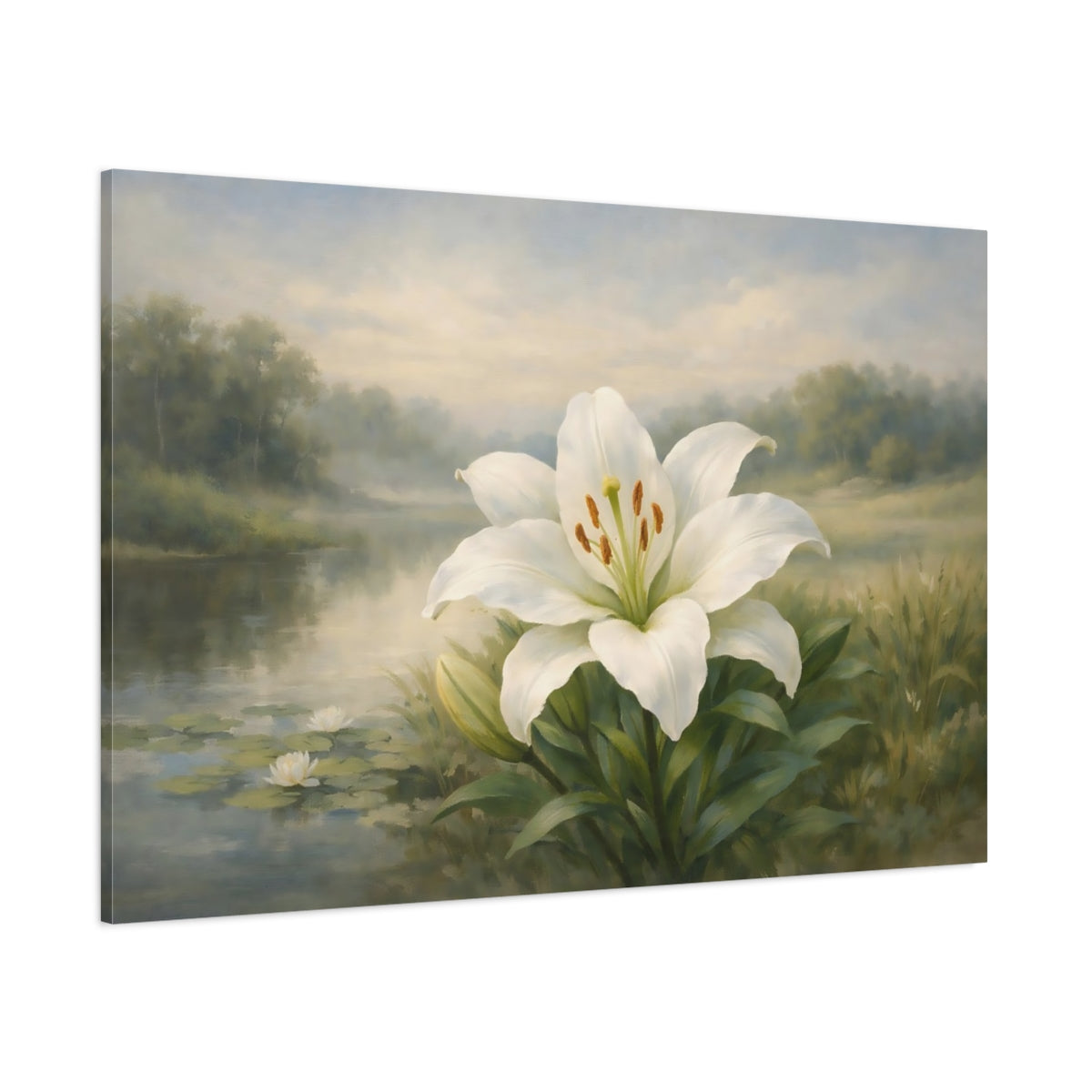 Main Mockup. Nature White Lily White Lily shown as stretched canvas wall art