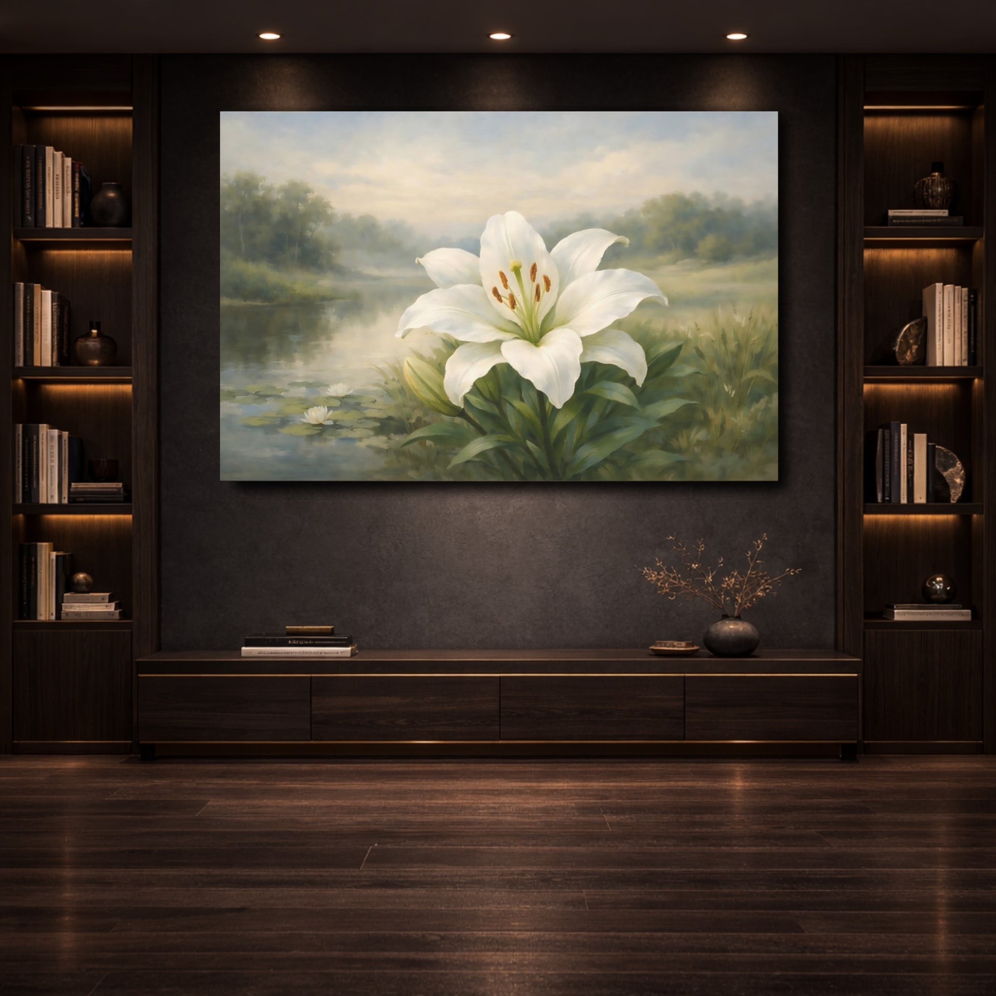 Mockup 3. Nature White Lily White Lily shown as stretched canvas wall art