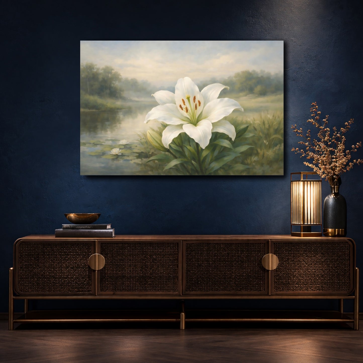 Mockup 4. Nature White Lily White Lily shown as stretched canvas wall art