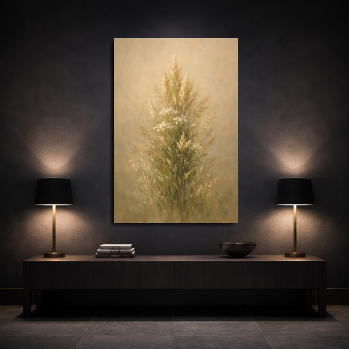 Mockup 2. Nature Wild Grasses Beige Wild Grasses shown as stretched canvas wall art
