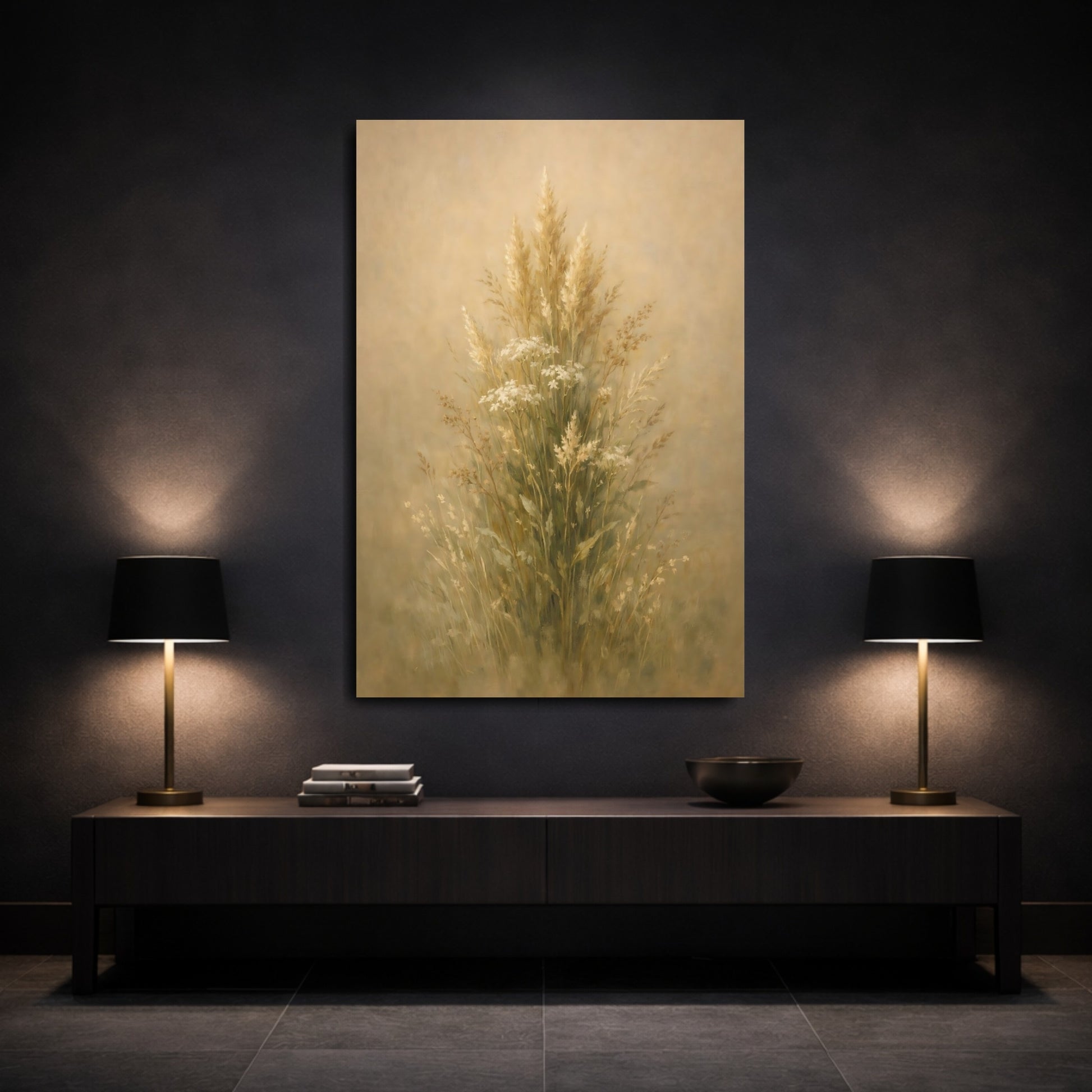 Mockup 2. Nature Wild Grasses Beige Wild Grasses shown as stretched canvas wall art