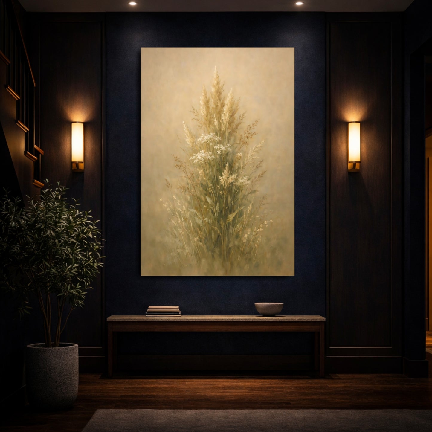 Mockup 3. Nature Wild Grasses Beige Wild Grasses shown as stretched canvas wall art