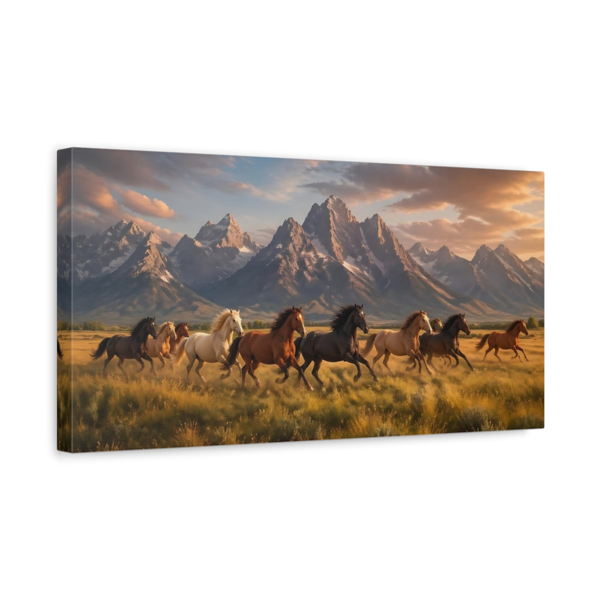 Side Mockup 3. Nature Wild Horses Horses And Mountains shown as stretched canvas wall art