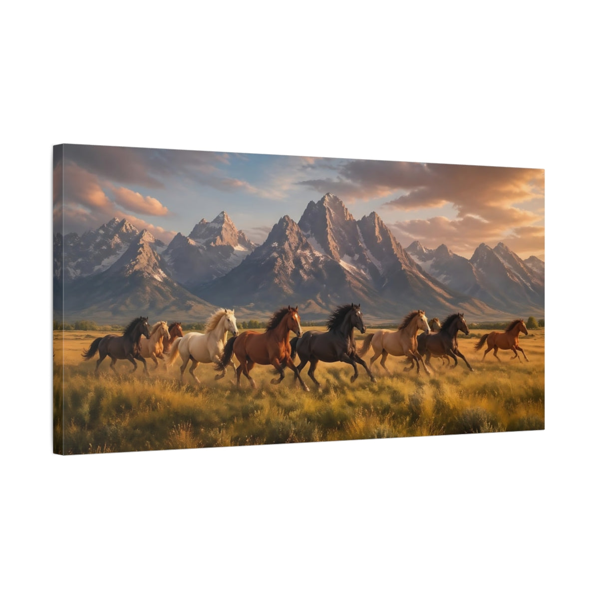 Side Mockup 1. Nature Wild Horses Horses And Mountains shown as stretched canvas wall art