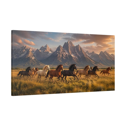 Main Mockup. Nature Wild Horses Horses And Mountains shown as stretched canvas wall art