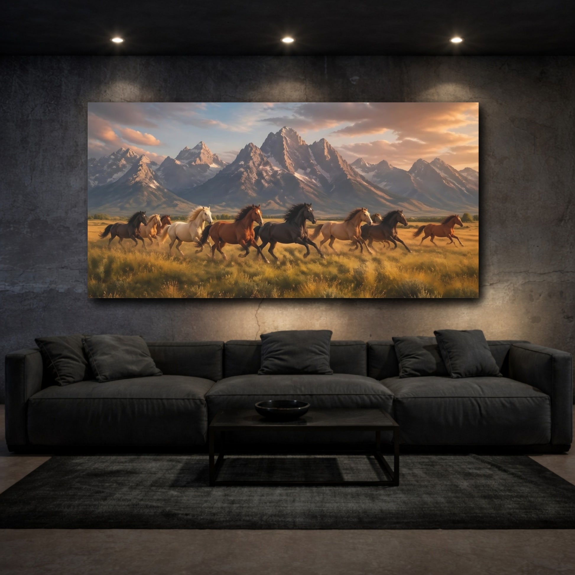 Mockup 2. Nature Wild Horses Horses And Mountains shown as stretched canvas wall art