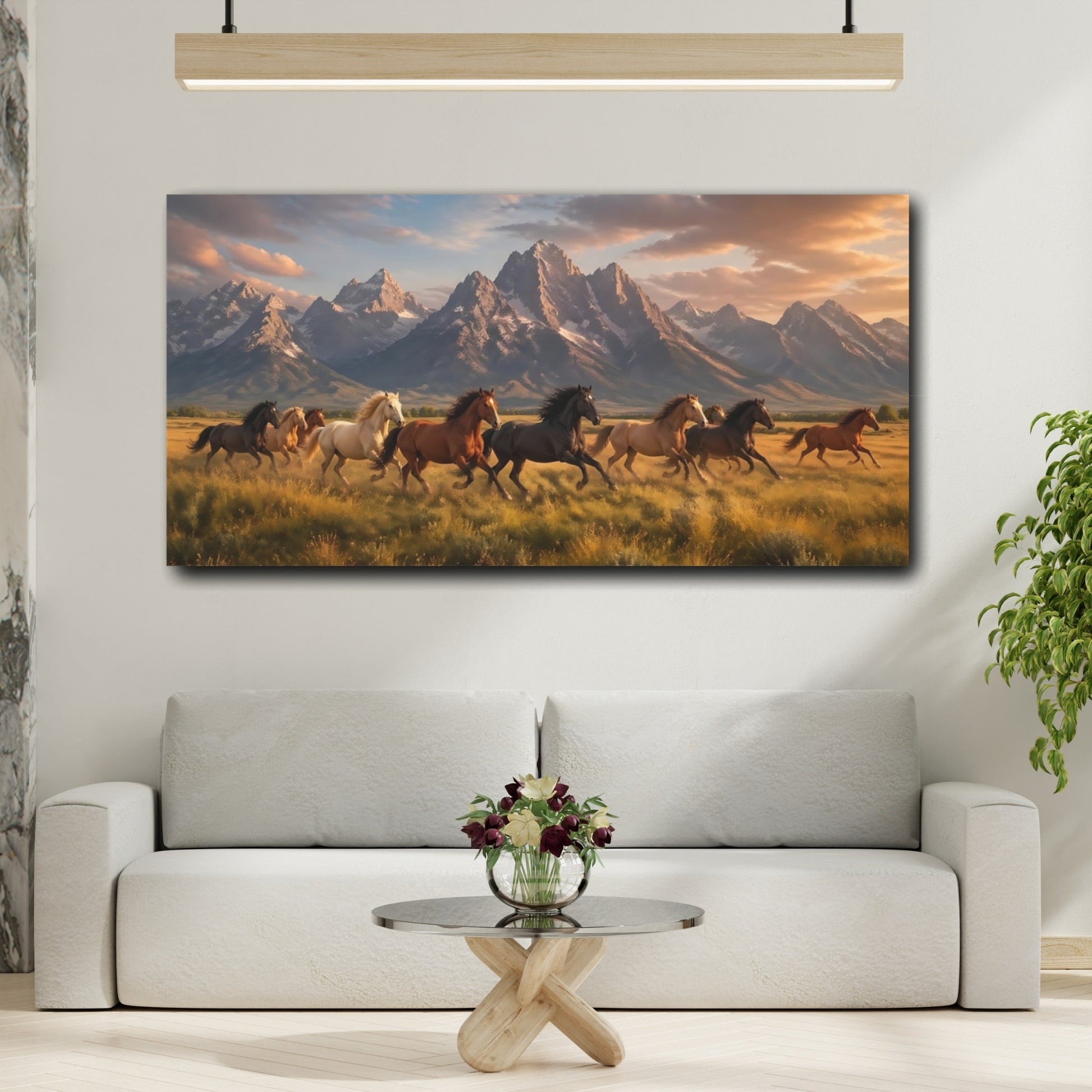 Mockup 3. Nature Wild Horses Horses And Mountains shown as stretched canvas wall art