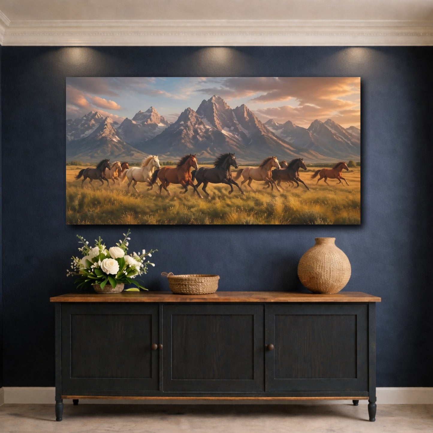 Mockup 4. Nature Wild Horses Horses And Mountains shown as stretched canvas wall art