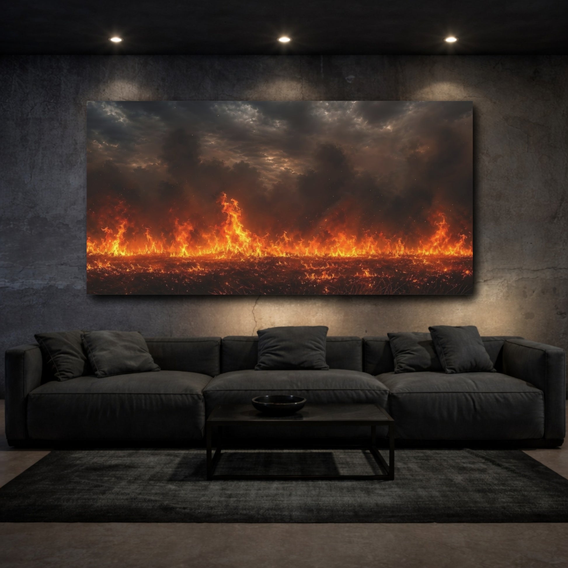 Mockup 2. Nature Wildfire Orange And Black shown as stretched canvas wall art