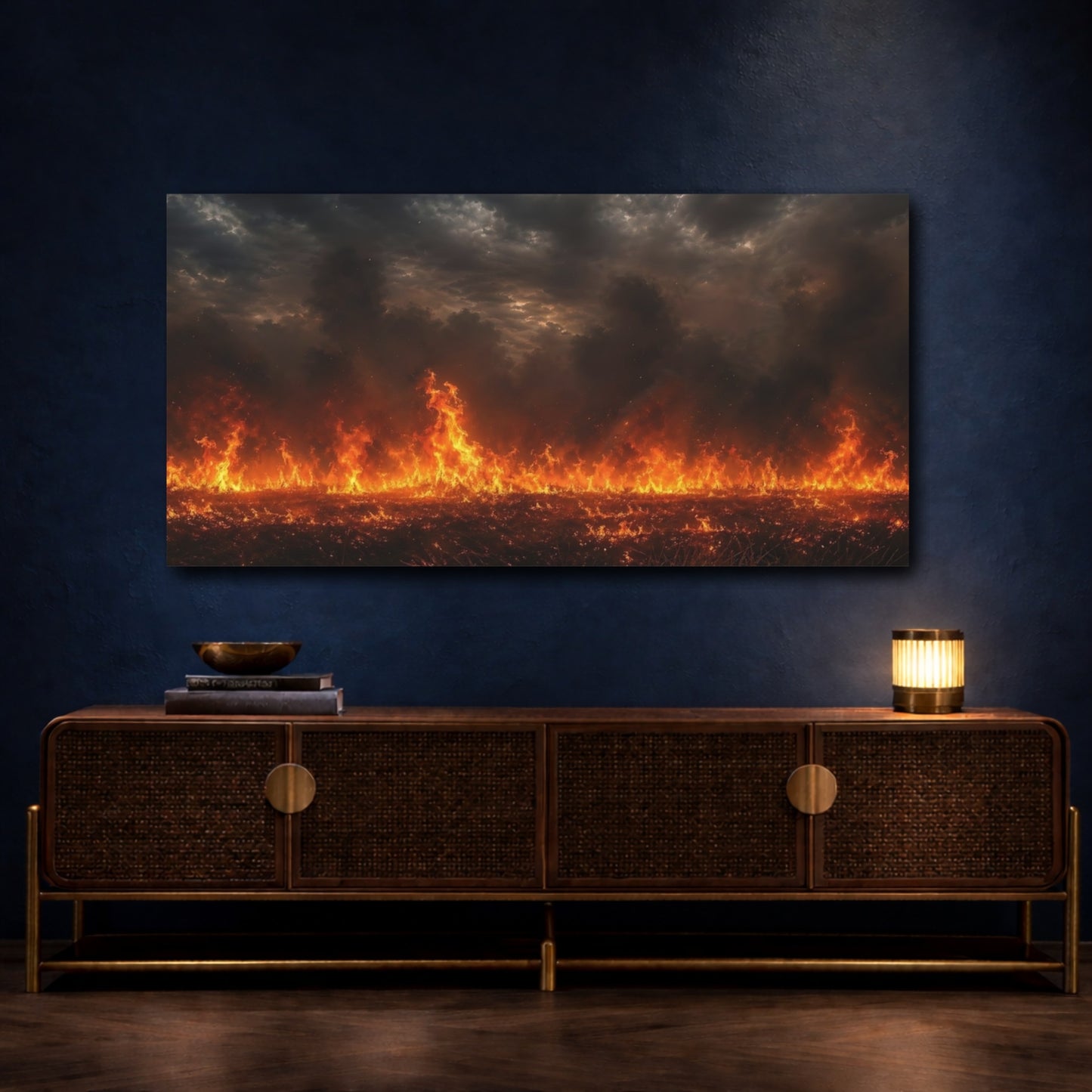 Mockup 4. Nature Wildfire Orange And Black shown as stretched canvas wall art