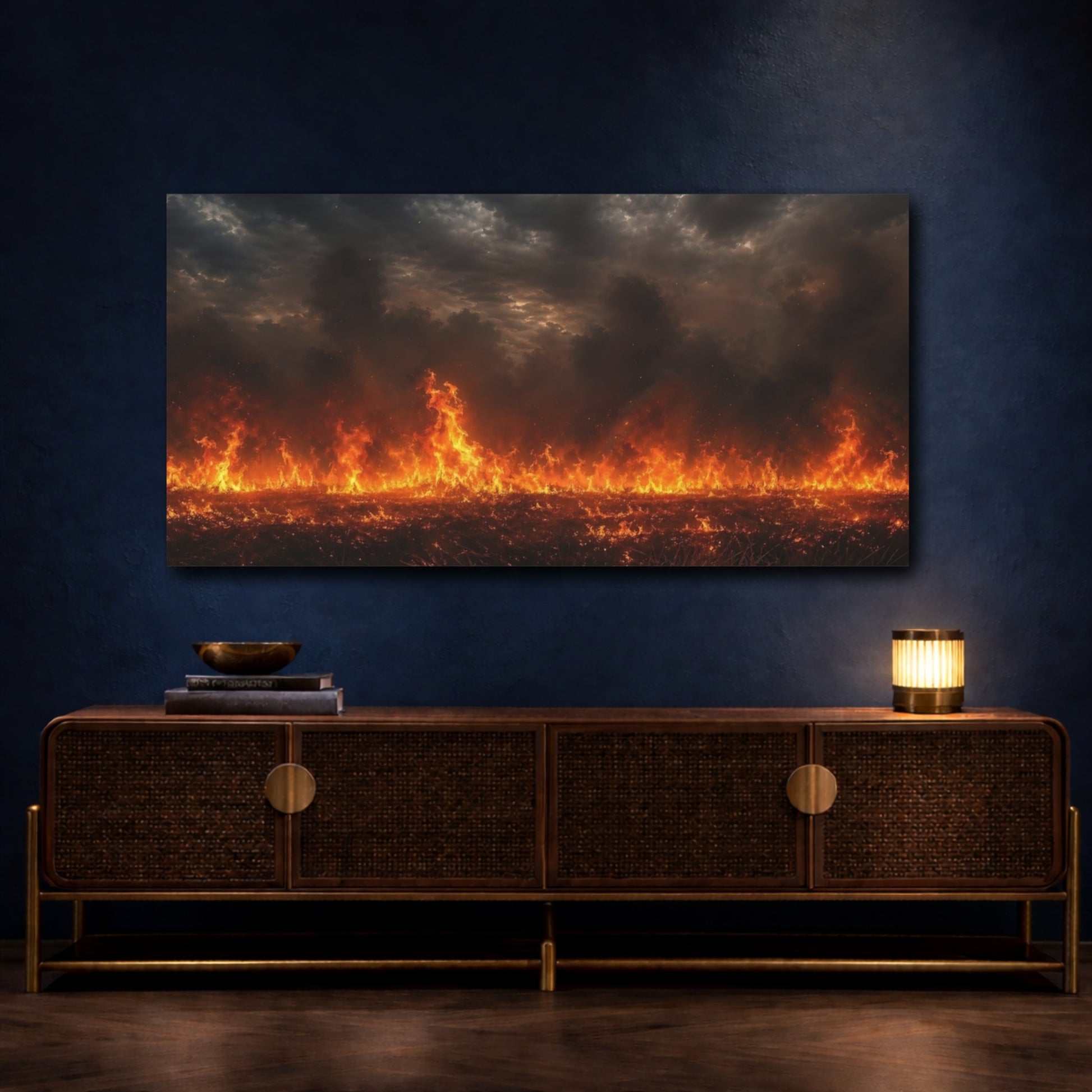 Mockup 4. Nature Wildfire Orange And Black shown as stretched canvas wall art