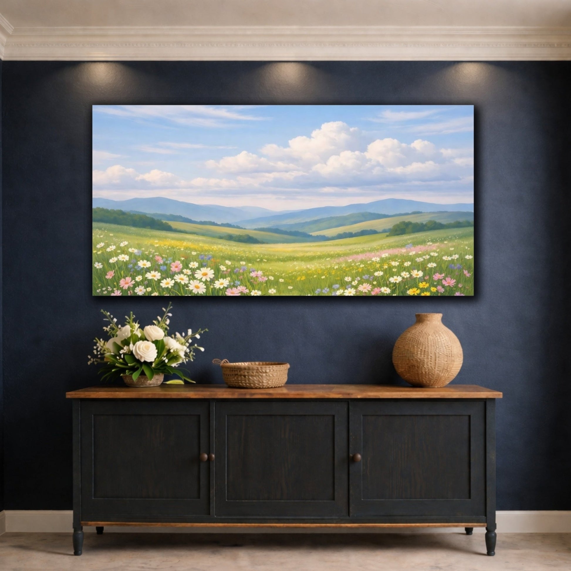 Nature Wildflower Field Green Blue - Canvas Wall Art Print - YesArtYes