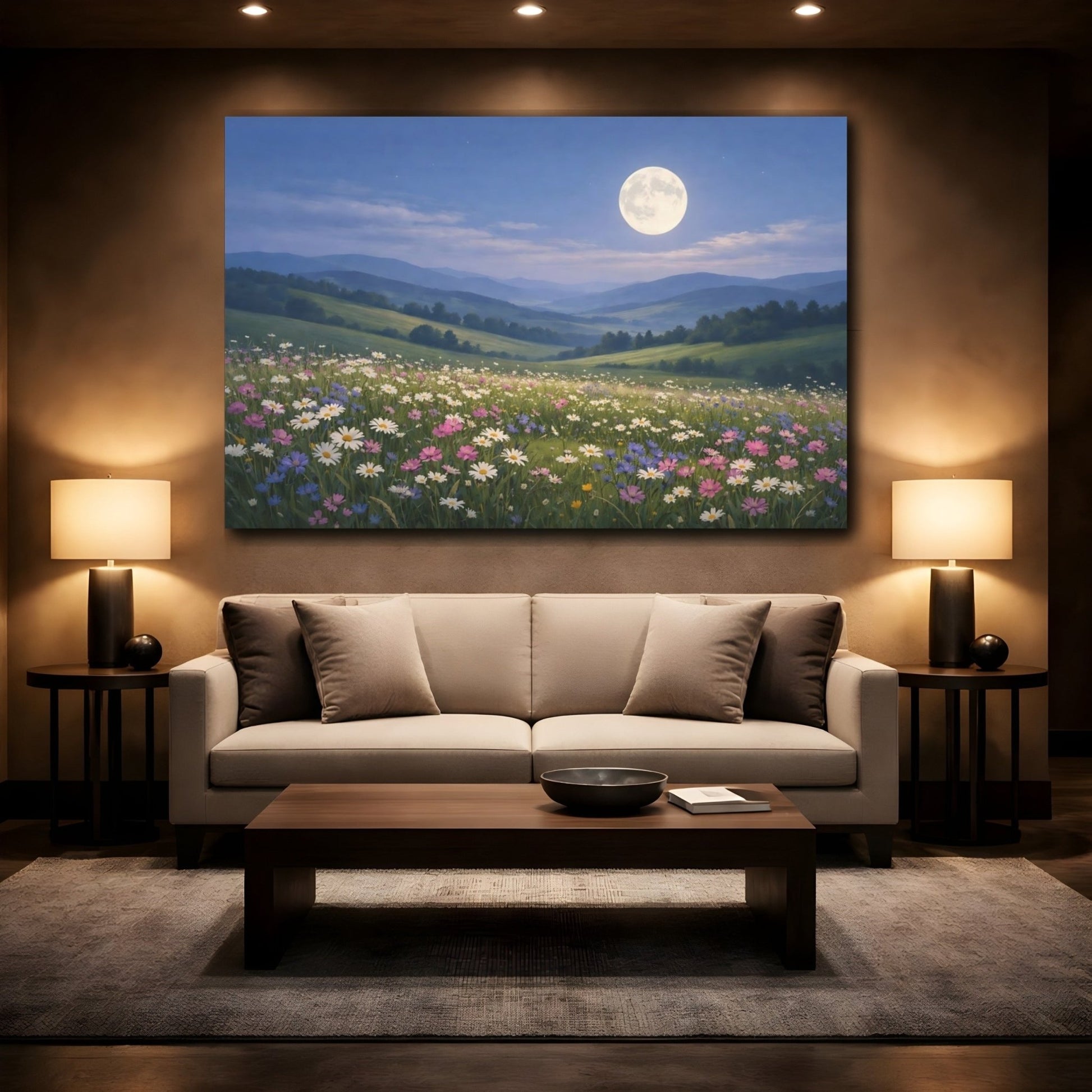 Nature Wildflower Field Moonlit Meadow - Canvas Wall Art Print - YesArtYes