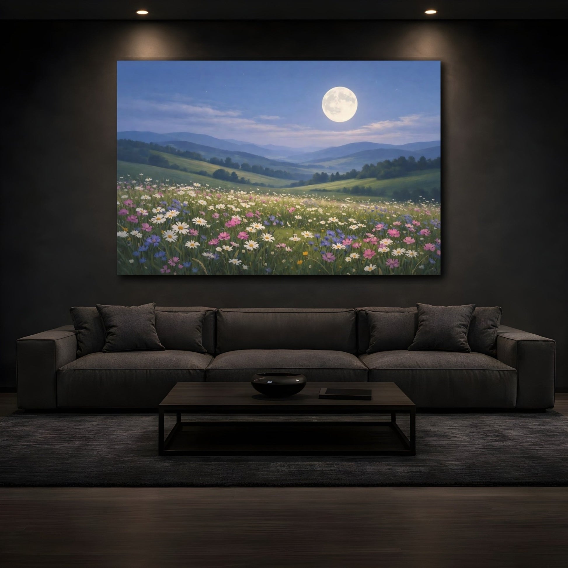 Nature Wildflower Field Moonlit Meadow - Canvas Wall Art Print - YesArtYes