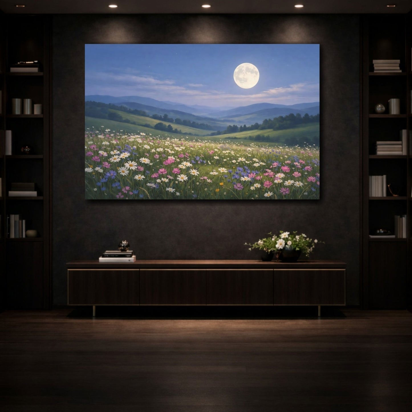 Nature Wildflower Field Moonlit Meadow - Canvas Wall Art Print - YesArtYes